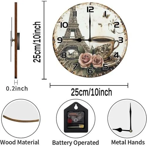 Miniatura 6 de FemiaD Relojes de pared capuchino reloj de pared con manecilla de hora negra de 10 pulgadas, redondo, de madera, funciona con pilas, silencioso, sin