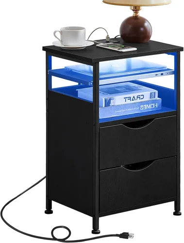 Mesa auxiliar con estación de carga, mesa auxiliar estrecha con 2 cajones, mesita de noche con luz LED de 7 colores, mesita de noche delgada para