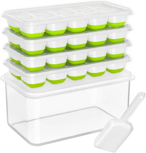 Miniatura 10 de DOQAUS Bandeja para cubitos de hielo con tapa y contenedor - Paquete de 4 bandejas de cubitos de hielo de silicona para congelador, kits de cubeta