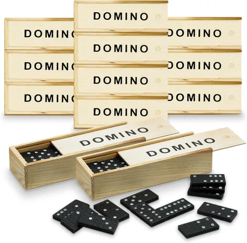 Playbees Mini juego de dominó de madera, paquete de 12, juego clásico de dominó doble de seis en una caja de madera, juegos de mesa educativos y
