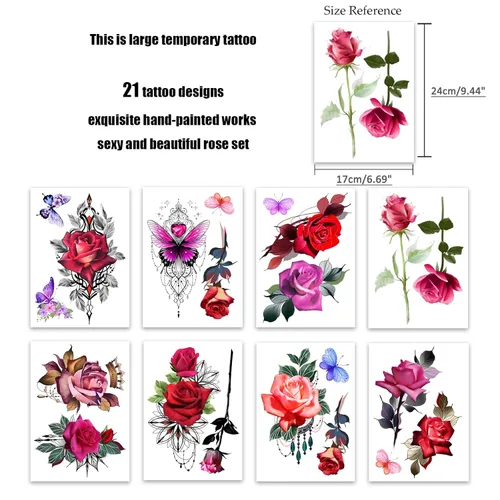 Miniatura 4 de ROARHOWL Impresionantes tatuajes temporales de flores de rosas, tatuajes falsos de rosas grandes para mujer, juego de tatuajes de rosas (rosa 3)