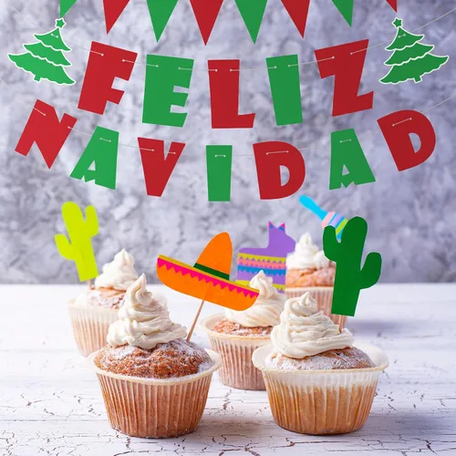 Miniatura 7 de Hollowfly 5 piezas de pancarta de Feliz Navidad, decoraciones mexicanas de Navidad en rojo, verde, pancarta de Navidad española, banderines de Feliz