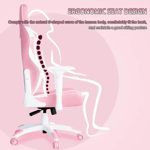 Miniatura 5 de Silla ergonómica para juegos de PC, silla de oficina fresca y tierna, color rosa para niñas, silla gamer, gran ángulo de 160°, puede acostarse
