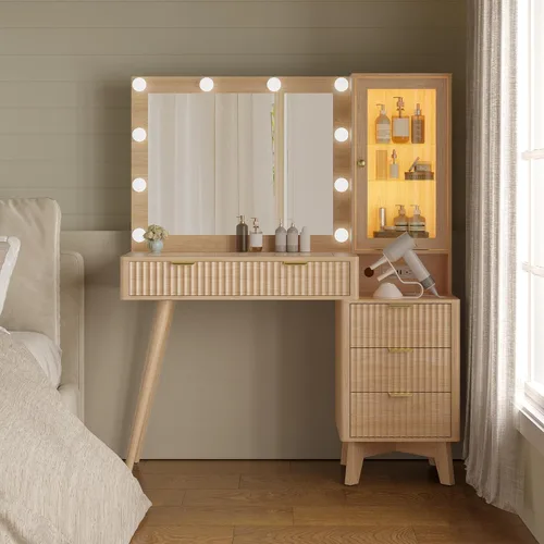 Miniatura 7 de Escritorio de tocador de maquillaje con espejo y luces, escritorio de madera estriada de 45 pulgadas con parte superior de cristal, 5 cajones y Roble