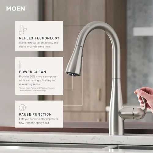 Miniatura 2 de Moen Essie 87014SRS - Juego de grifo de fregadero de cocina con rociador desplegable de acero inoxidable resistente a los puntos con dispensador