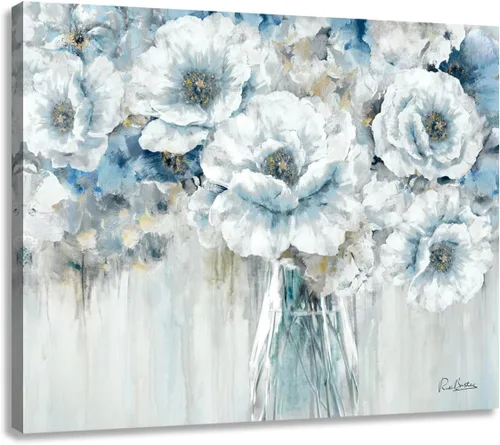 Miniatura 21 de Cuadro de flores para sala de estar, arte de pared floral azul y blanco sobre lienzo con detalles dorados para decoración de dormitorio gris, 32 x