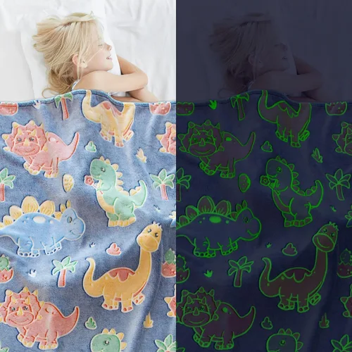 Miniatura 3 de Gdindff Bonita manta infantil que brilla en la oscuridad con diseño de dinosaurio para niños, de franela que brilla en la cama, sofá, sofá, manta