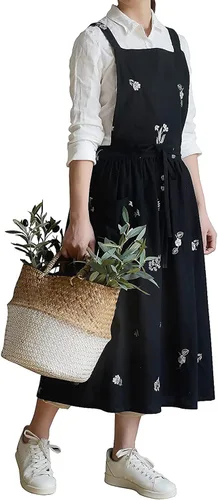 Miniatura 11 de Delantal japonés de algodón con espalda cruzada para mujer con bolsillos A1-café Floral