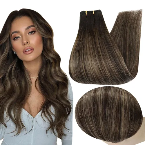 Full Shine Extensiones de cabello humano de trama de cabeza completa, balayage, cosidas, extensiones de cabello humano real, color 2 marrón oscuro