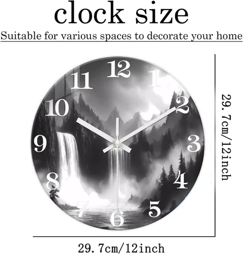 Miniatura 5 de XNM Relojes de Pared de Paisaje Natural para Baño, Funciona con Pilas, 30.5 cm, Negro y Blanco, Redondo, Silencioso, sin Tictac, de Vidrio, Pequeño