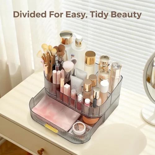 Miniatura 7 de Delamu Organizador de maquillaje para tocador con cajones apilables, soporte giratorio de 360º para brochas de maquillaje, vitrina grande
