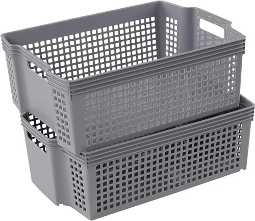 Cestas de almacenamiento apilables de plástico, cestas apilables de bandeja de plástico, paquete de 2 Gris
