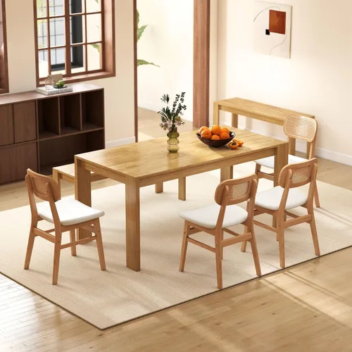 Miniatura 8 de ROCITY Juego de 4 sillas de comedor de ratán, sillas de comedor de lana de cordero blanca, sillas de cocina de madera natural, sillas de granja