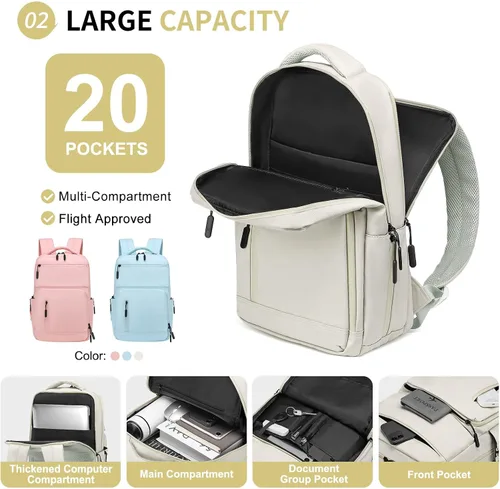 Miniatura 4 de Mochila impermeable para portátil para hombres y mujeres, aprobada para vuelos, antirrobo, con funda para portátil de 15.6 pulgadas (Beige)