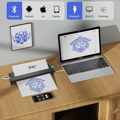 Miniatura 4 de Impresora de plantillas de tatuajes, para principiantes y artistas, portátil, inalámbrica, Bluetooth, térmica, sin tinta con 3 piezas de papel