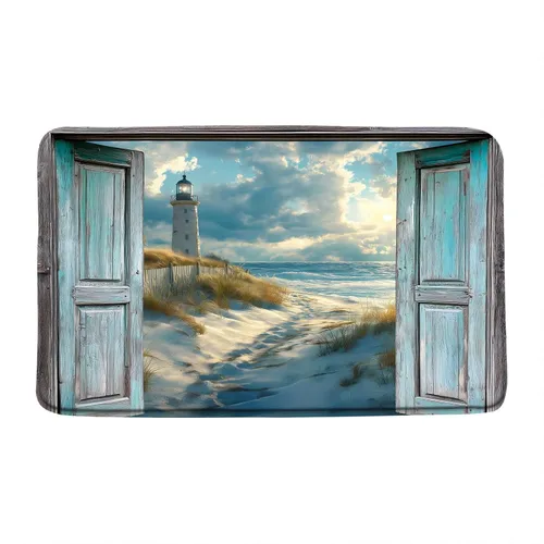 Tapete de baño costero con diseño de playa y océano, estilo rústico, color verde azulado, puerta de granero hawaiana, puesta de sol, olas de mar,