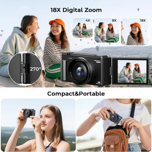Miniatura 5 de Cámara Digital 4K para Fotografía, Cámaras de Vlogging de 72MP con Enfoque Automático para YouTube con Tarjeta SD de 64GB y Batería, Zoom Digital