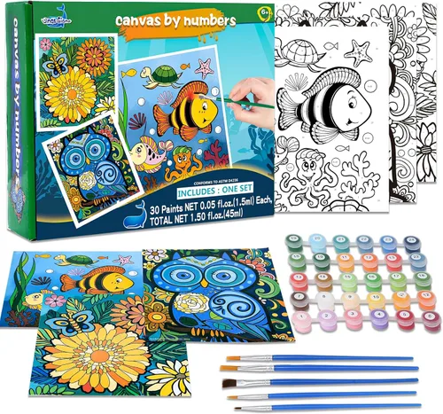 Paquete de 3 pinturas por números para niños de 8 a 12 años, pintura acrílica al óleo preimpresa, incluye lienzo enmarcado (8 x 10, 8 x 9, 8 x 8