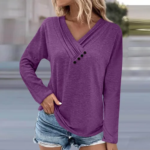 Miniatura 2 de Blusas de otoño con botones para mujer, blusas de manga larga con cuello en V, blusas elegantes de manga larga para usar con leggings