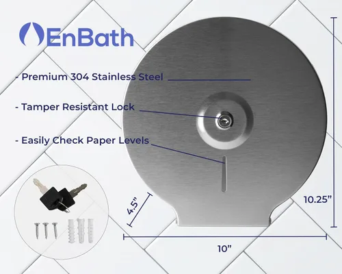 Miniatura 7 de EnBath - Dispensador de papel higiénico gigante para montaje en pared, acero inoxidable, acero inoxidable, dispensador de baño con bloqueo para Plata