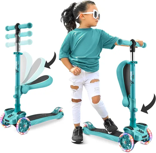 Hurtle Patinete de 3 ruedas para niños, luces LED de ruedas, manubrio ajustable de inclinación para dirigir y asiento plegable, paseo sentado o de