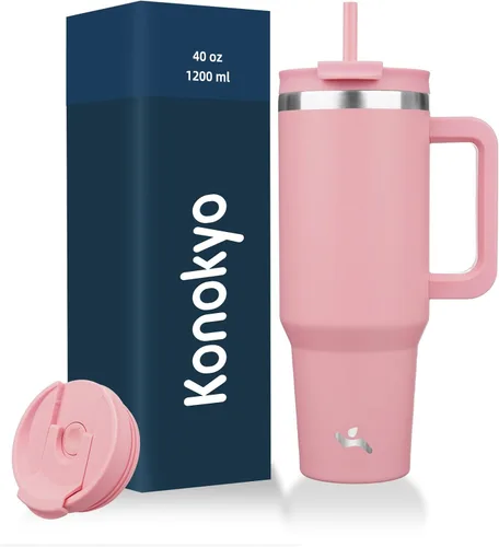 Miniatura 16 de Konokyo - Vaso de 40 onzas con asa y 2 pajillas, botella de agua aislada 2 en 1 con tapa. Taza de viaje de acero inoxidable para café, flores