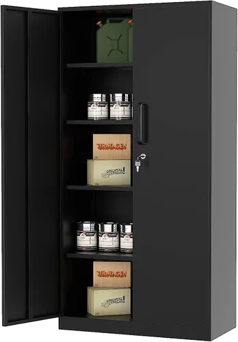 Miniatura 8 de MIIIKO Armario de almacenamiento de garaje negro con puertas y 5 estantes, almacenamiento de herramientas de acero de 71 pulgadas de alto, gabinete