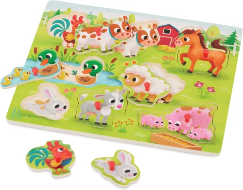 Miniatura 11 de B. toys Peek & Explore Puzzle 4 – Pack – Juguetes de madera para niños pequeños – 8 piezas cada uno – Vehículos, camiones, animales, corral – 2+ años