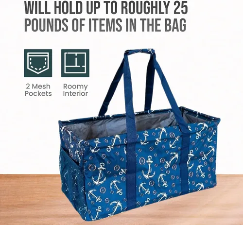 Miniatura 5 de Bolsa de utilidad extragrande Lucazzi - Cesta de lona rectangular plegable reutilizable con marco de alambre con dos bolsillos exteriores