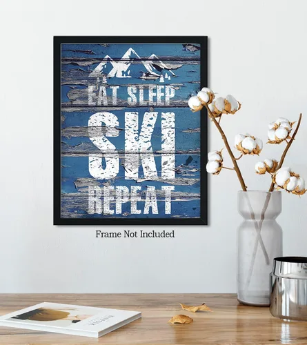 Miniatura 5 de Eat Sleep Ski Repeat Wall Decor Art Print sobre un fondo de madera azul – 11x14 sin marco con tema de esquí – Gran regalo para familiares y amigos