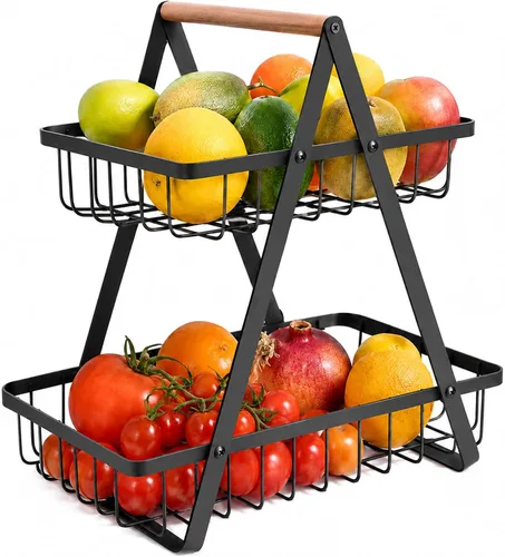 Mahueeol - Cesta de frutas de 2 niveles para encimera, tazón de frutas portátil para organizador de cocina, almacenamiento y sala de comedor,