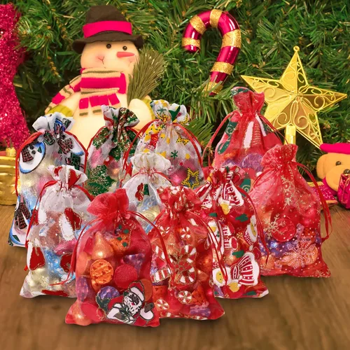 Miniatura 6 de 50 bolsas de organza de Navidad, 4 x 6 pulgadas, pequeñas bolsas de regalo de Navidad con cordón, bolsas de malla para regalo rojo (Red-christmas)