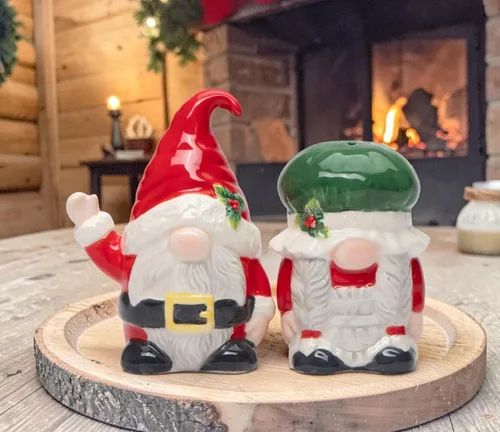 Miniatura 9 de Juego de salero y pimentero para parejas de Papá Noel, diseño de gnomos de Navidad de cerámica fina