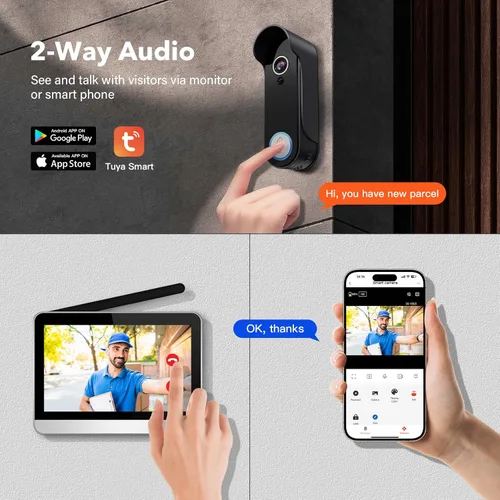 Miniatura 3 de Cámara de timbre inalámbrica con monitor de video puerta teléfono intercomunicador 1080P 7 pulgadas pantalla táctil audio bidireccional timbre