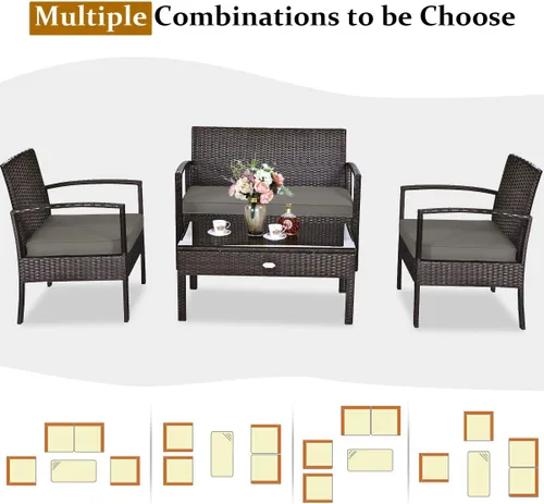 Miniatura 6 de Juego de 4 muebles de patio para exteriores, juego de sofá de mimbre con cojín marrón oscuro resistente al agua y mesa de vidrio templado para patio