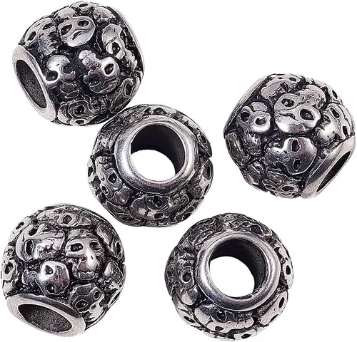Miniatura 8 de LiQunSweet 10 cuentas europeas de acero inoxidable esmaltadas negras de 0.197 in con agujero grande, cuentas planas redondas cruzadas espaciadoras