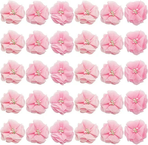 Miniatura 8 de 30 piezas de flores de gasa con diamantes de imitación de 2 pulgadas, apliques de tela de costura para ropa, manualidades, fiestas, decoración