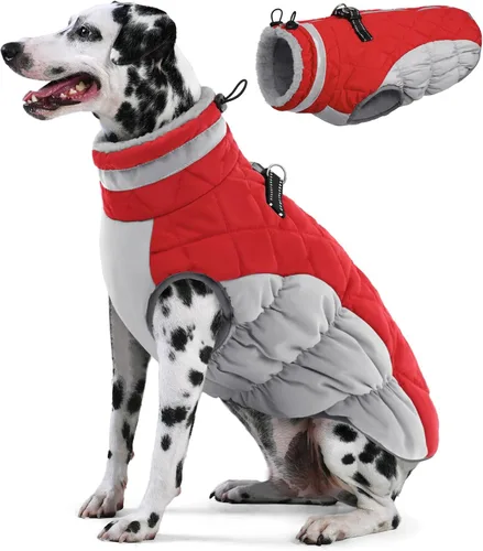 Miniatura 18 de AOFITEE Abrigo para perro, chaquetas cálidas para perros grandes, abrigo reflectante de cuello alto para perros con arnés integrado, impermeable