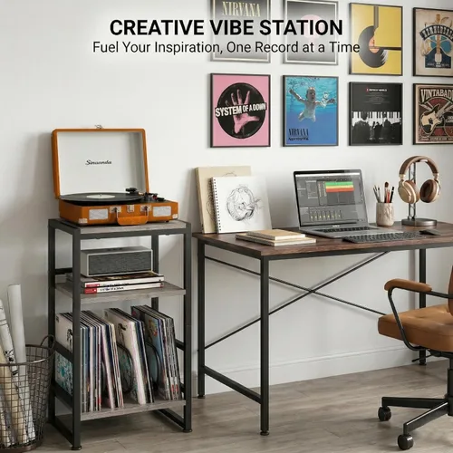 Miniatura 9 de Soporte para tocadiscos de vinilo de 3 niveles, mesa auxiliar para almacenamiento de álbumes, soporte para tocadiscos de 28 pulgadas de alto