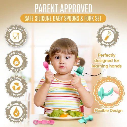 Miniatura 2 de HippoBaby Juego de 4 cucharas de silicona para bebé autoalimentación Utensilios para bebé 6-12 meses - 3 cucharas para bebé - 1 tenedor para bebé