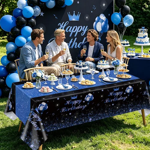 Miniatura 5 de 4 Pcs Happy Birthday Black and Blue Party Tablecloths - Blue Black Party Decorations Plastic Tablecloth Rectangular Table Covers for Boy Girl Baby
