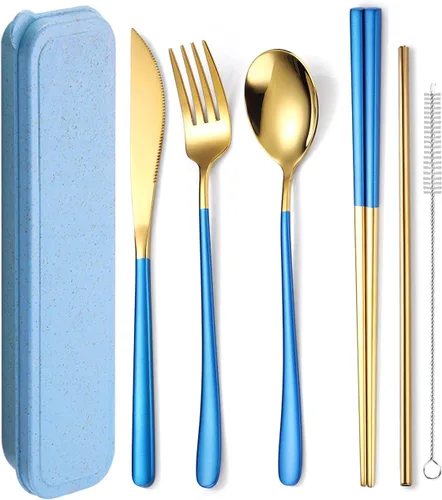 Miniatura 8 de AARAINBOW Juego de cubiertos de acero inoxidable 18/8 de 6 piezas, portátil, reutilizable, juego de utensilios de viaje, incluye palillos, cuchillo