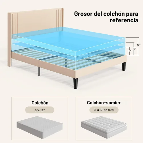 Miniatura 8 de Gizoon Base de cama matrimonial con cabecera de ala, plataforma tapizada con cabecera geométrica moderna, listones de madera, sin ruido, no necesita