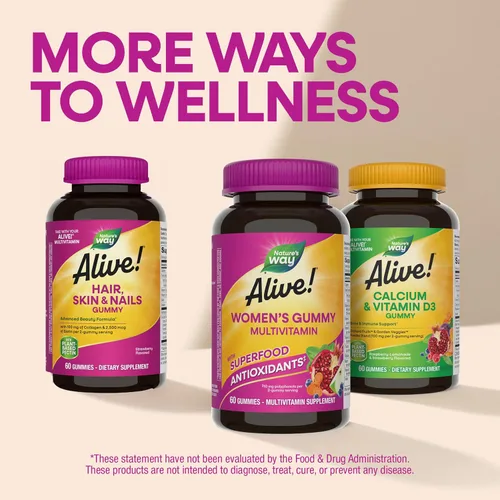 Miniatura 7 de Nature's Way Alive! Gomitas multivitamínicas para mujer, multivitaminas masticables diarias para mujeres, vitaminas A, C, D3, E, vitaminas B, apoya