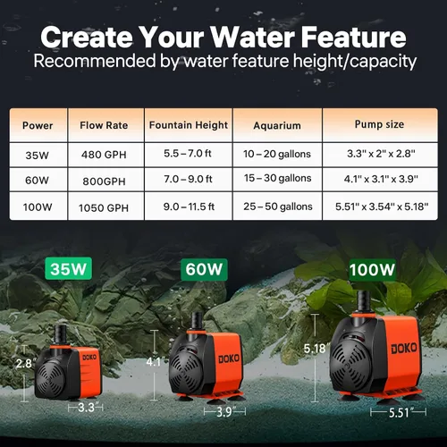 Miniatura 7 de DOKO Bomba de agua sumergible de 800 GPH, bomba de agua con cable de alimentación de 6 pies y 3 boquillas, 60 W, bombas de estanque ultra