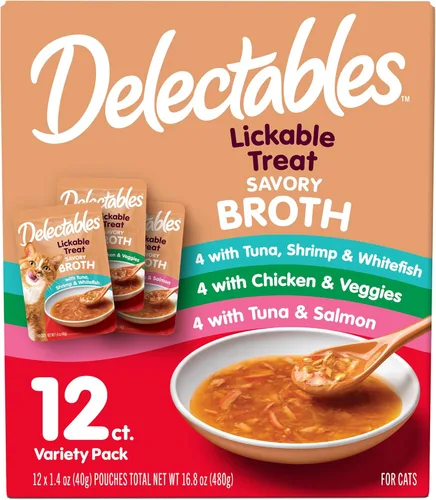 Miniatura 11 de Delectables Lickable Treat Savory Broth Senior 10+ Golosinas húmedas para gatos con pollo y atún reales, cobertura para alimentos, hidratante, sin
