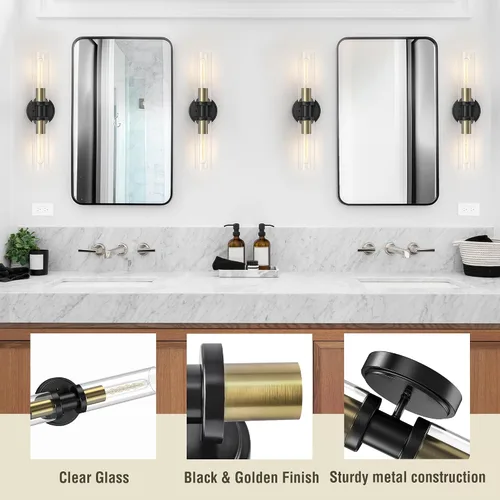 Miniatura 6 de Lámparas de baño de 2 luces negras y doradas, luces de tocador de baño sobre espejo, apliques de pared, iluminación industrial, accesorios