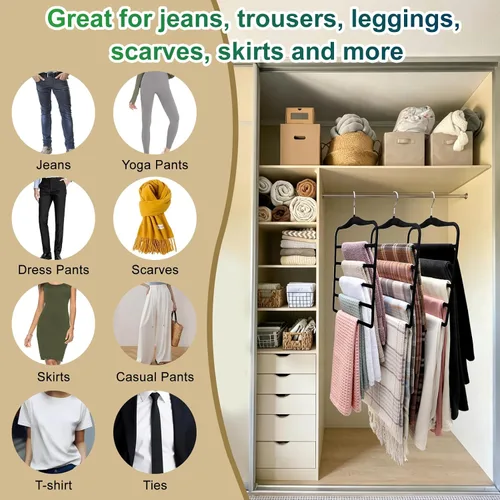 Miniatura 5 de Organizadores y almacenamiento de armario, paquete de 3 perchas de terciopelo para pantalones, ahorro de espacio, antideslizantes, organizador de 5