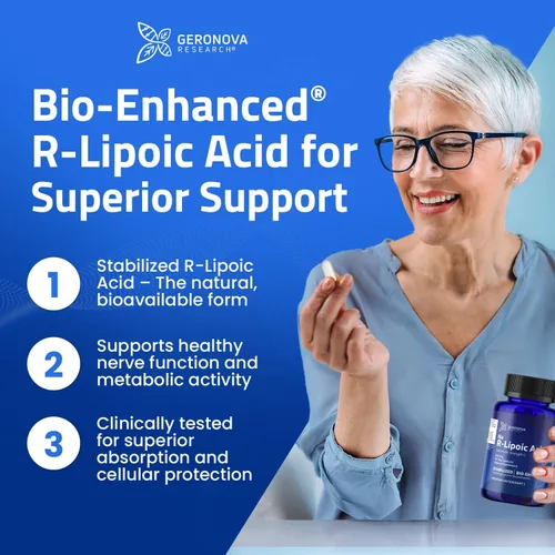 Miniatura 4 de Geronova Research Ácido R-lipoico Bio-Mejorado, dosis de 600 mg - Suministro de 1 mes - Ácido alfa lipoico R estabilizado con absorción mejorada