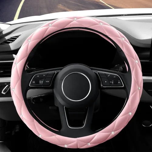 Miniatura 2 de YOGURTCK Linda funda antideslizante para volante de cuero rosa suave con diamantes y cristales brillantes, universal de 15 pulgadas para mujeres